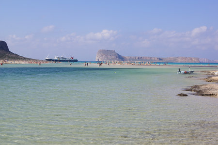 Transparent, crystal-clear water in Balos beach and lagoon. Kissamos, Crete (Greece)