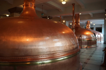 Amsterdam, Netherlands: The Heineken Experience: copper pot stills inside the breweryのeditorial素材
