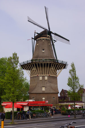 A view of the historical De Gooyer windmill in Amsterdam, Netherlandsのeditorial素材