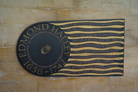 London, UK: memorial to astronomer Edmond Halley in the south cloister of Westminster Abbeyのeditorial素材