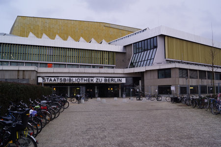 Berlin, Germany: the entrance of Staatsbibliothek zu Berlin (Berlin State Library), Haus Potsdamer StraÃeのeditorial素材