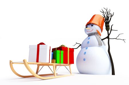 snow man and sledges with giftsの写真素材