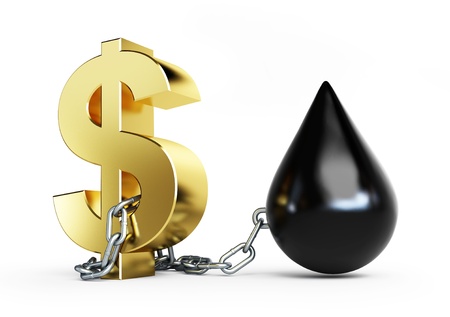 Dollar is tied to oil metal chains on a white backgroundの写真素材