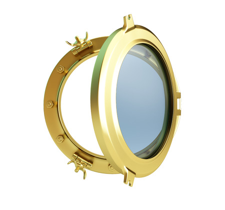 porthole gold open on a white backgroundの写真素材