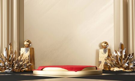 Abstract Elegance Luxury Golden stage platform, for advertising products display, 3d rendering.の写真素材