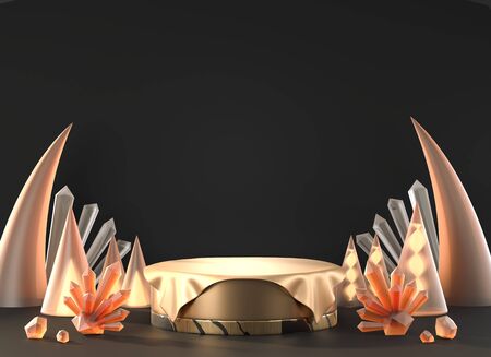 Metallic Gold Mock Up Stand Template geometry for Product Advertising and Commercial display with crystal decotation, 3D rendering.の写真素材
