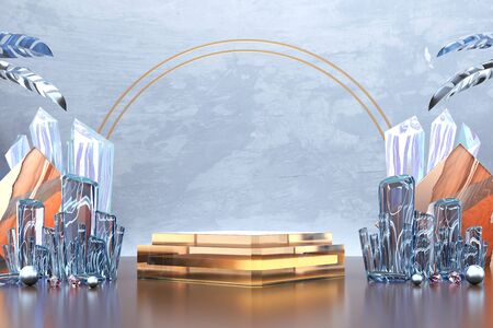Abstract Luxury stage platform podium with crystal, for advertising product display, 3d rendering.