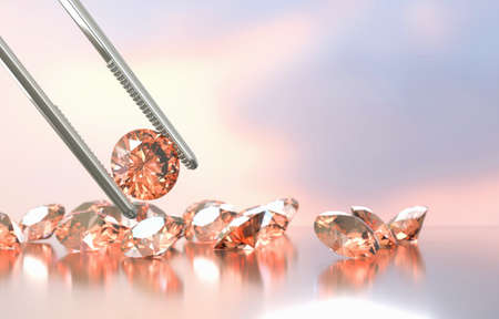 Diamond in tweezers soft focusing with group of round diamond in background 3d rendering.の写真素材