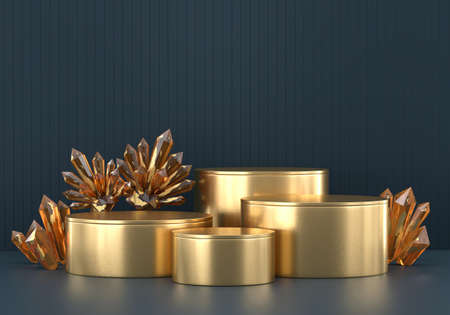 Abstract Gold stage platform with crystal, template for advertising product, 3d rendering.の写真素材