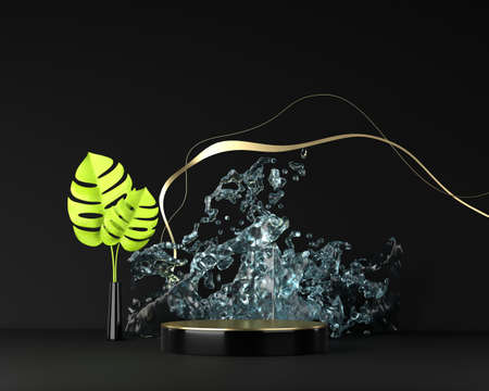 White platform podium with splash water and green plant, template for advertising product, 3d...