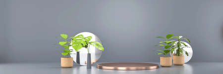 Golden platform stage podium with green plant for advertising product 3d rendering