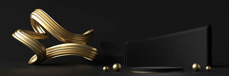 Abstract black and gold stage platform podium, for advertising product display, 3d rendering.の写真素材