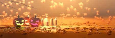 Halloween pumpkin lantern and candle light soft focus bokeh 3Dの写真素材
