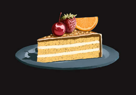 Piece of cake isolated on black background cg painting illustration