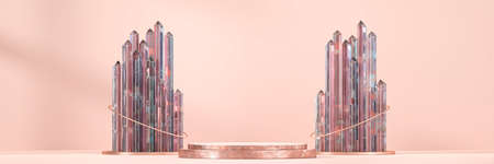 Abstract gold product display podium with crystal group 3d render