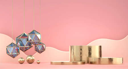Gold product display podium with crystal background 3d rendering