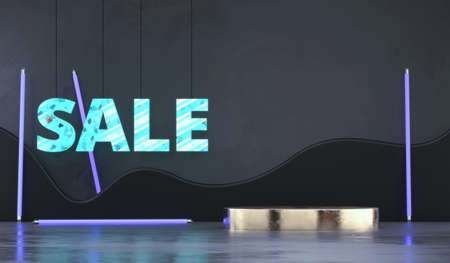Abstract product display podium with sale texts and neon light background 3d renderingの写真素材
