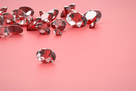 Ruby red diamond group placed on matte pink background 3d renderingの写真素材