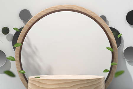 Wooden cylinder platform with white backdrop for product display showcase with leaves 3d render