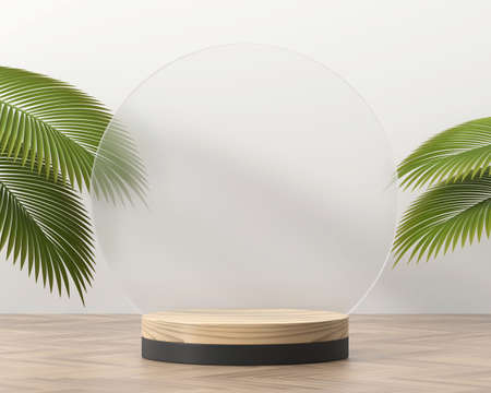 Abstract round wooden platform podium showcase for product display with palm leaves 3d render
