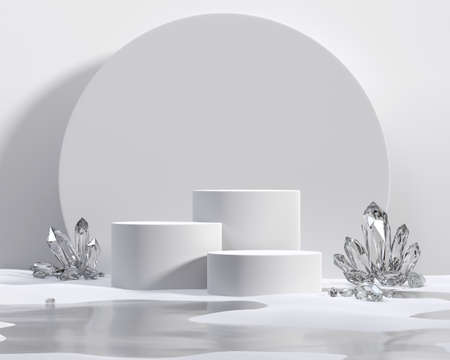 Abstract White Podium Platform For Product Display Showcase With Crystal 3D Renderingの写真素材