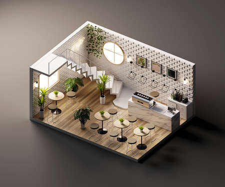 Isometric view minimal cafe store open inside interior architecture, 3d rendering.の写真素材