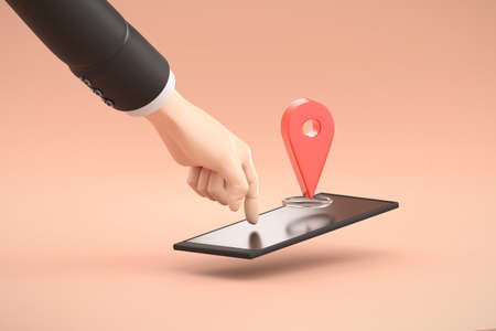 Abstract hand pushing the smartphone with location symbol concept art 3D renderingの写真素材