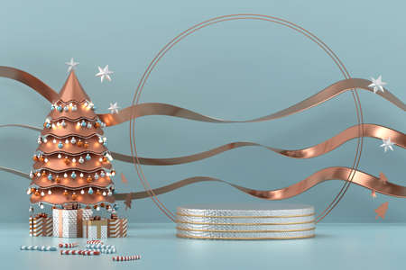 Luxury Merry Christmas product display podium with pine tree and decoration 3d renderの写真素材