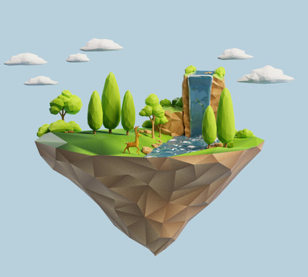 Isometric landscape low polygon countryside theme 3d background renderingの写真素材