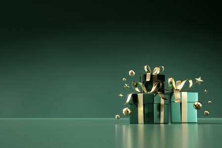 Green Gift boxes and decoration with copy space 3d background renderingの写真素材