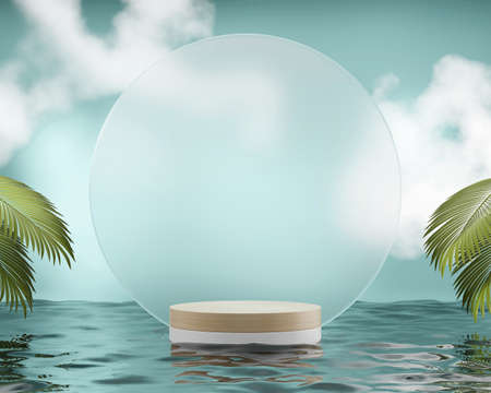Abstract stone platform podium showcase for product display with palm leaves 3d renderの写真素材