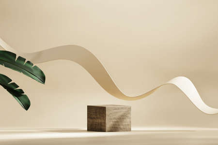 Abstract Podium Platform Product Display with Banana Leaves 3D Renderingの写真素材