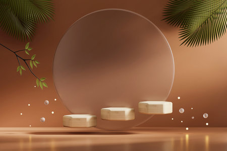 Abstract wood platform podium showcase for product display with palm leaves 3d renderの写真素材