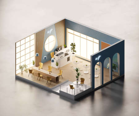 Isometric view minimal cafe store open inside interior architecture, 3d rendering digital art.