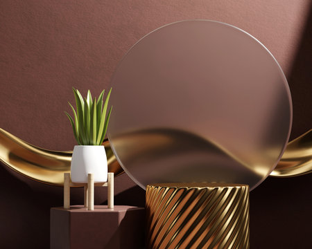 3D rendering gold platform podium with plant product presentation backgroundの写真素材