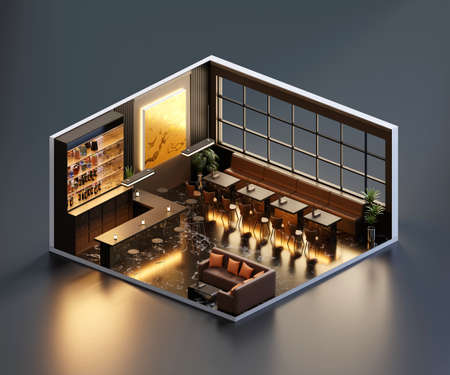 Isometric view restaurant open inside interior architecture, 3d rendering.の写真素材