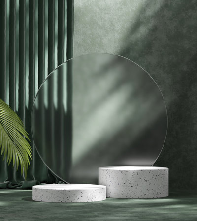 3D rendering platform podium with plant product presentation backgroundの写真素材