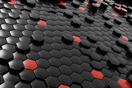 Abstract black hexagon with red background 3d renderingの写真素材