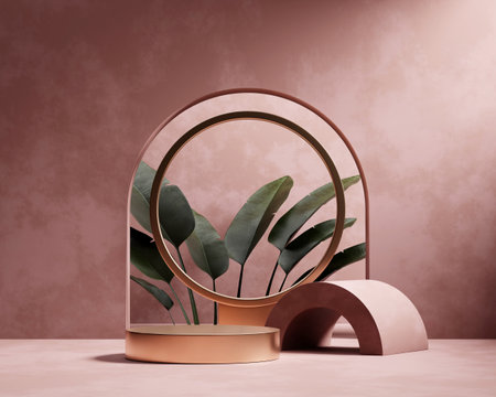 3D rendering platform podium with plant product presentation backgroundの写真素材