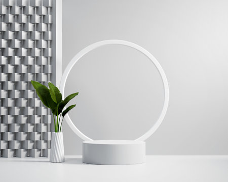 3D rendering platform podium with plant product presentation backgroundの写真素材