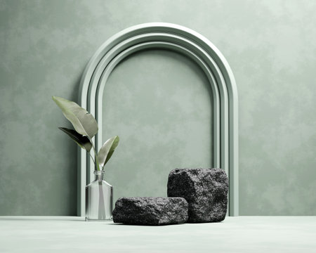 3D rendering platform podium with plant product presentation backgroundの写真素材