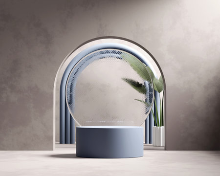 3D rendering platform podium with plant product presentation backgroundの写真素材