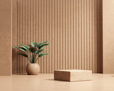 3D rendering platform podium with plant product presentation backgroundの写真素材