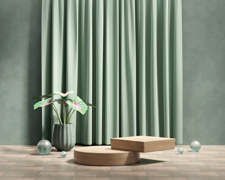3D rendering platform podium with plant and curtain product presentation backgroundの写真素材