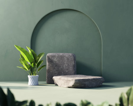 3D rendering platform podium with plant product presentation backgroundの写真素材
