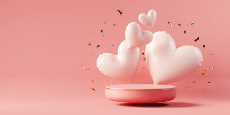 Valentine's day stage podium mock up with heart product display showcase 3d renderingの写真素材