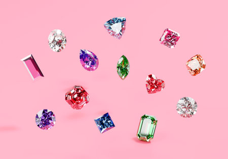 Colorful diamonds isolated on pink background 3d renderingの写真素材