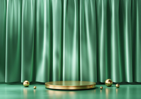 3D rendering platform podium with green curtain product presentation backgroundの写真素材