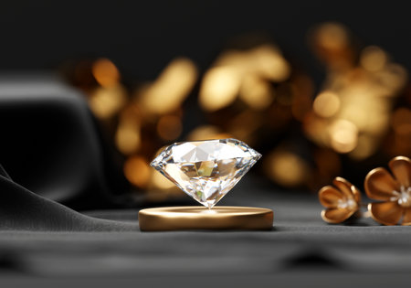 Abstract diamond gem placed on black cloth background soft focus with decoration 3d renderingの写真素材
