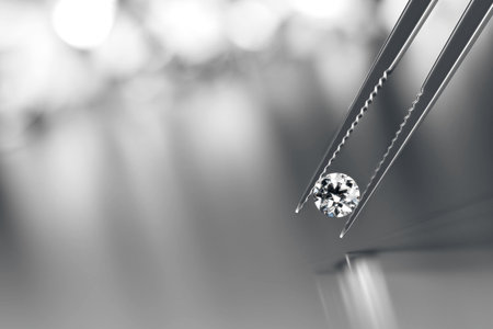 Brilliant crystal diamond and tweezers on a black background with objects soft focusing 3d renderingの写真素材